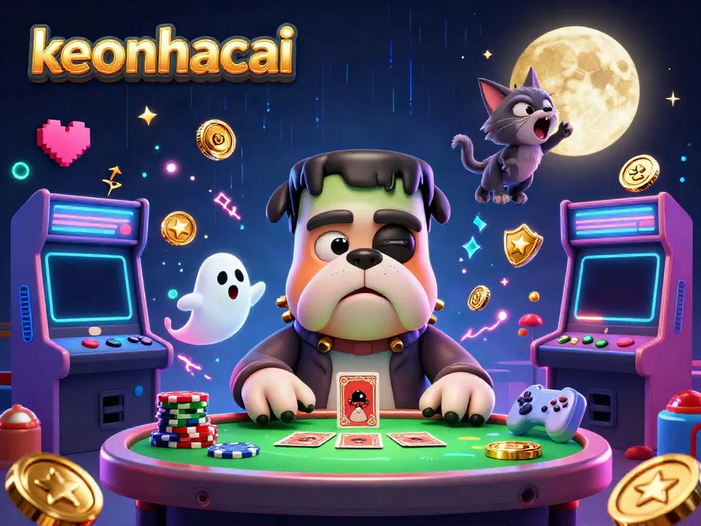 Engage with keonhacai in a thrilling card game scene featuring a dog dealer and a ghostly mouse.