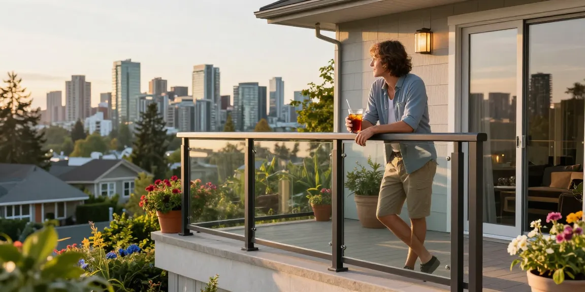 Custom railing Vancouver on a stylish residential balcony with a vibrant skyline and homeowner enjoying summer ambiance.