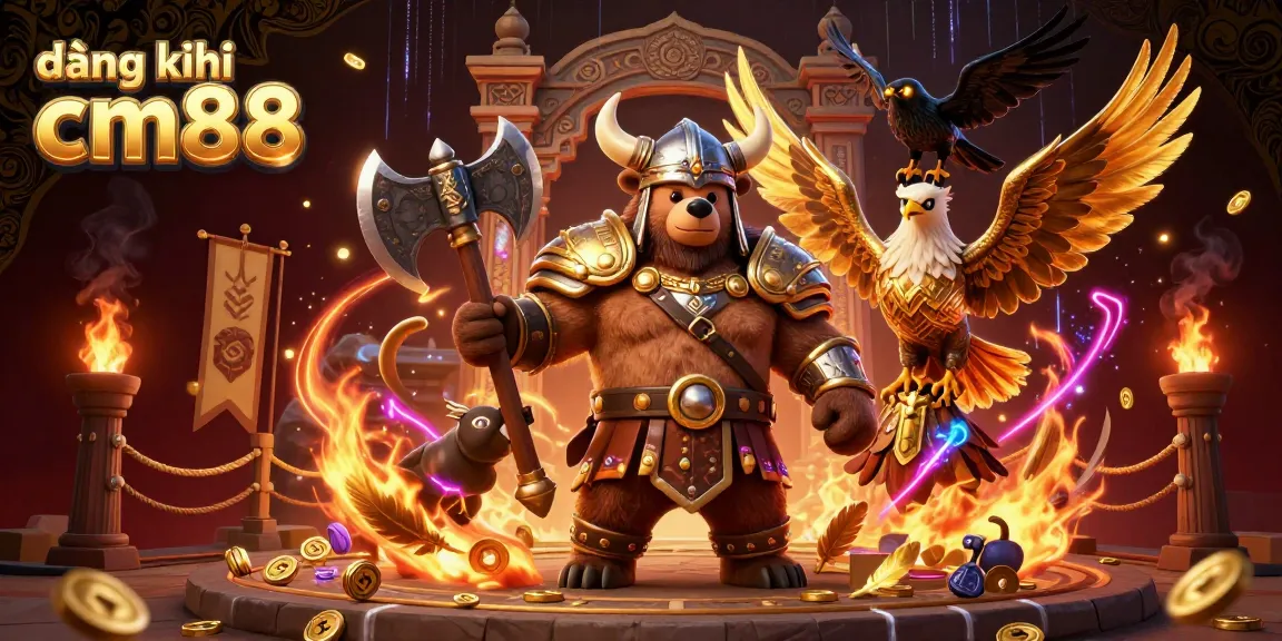 Play and win at đăng ký cm88 with a vibrant 3D illustration showcasing Viking and Valkyrie characters.