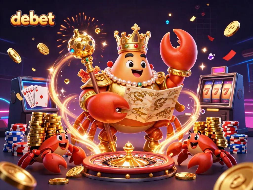Experience the thrill of debet gaming with golden crab emperor and treasure elements in a vibrant casino scene.