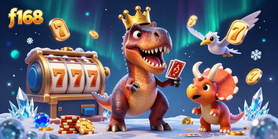 Experience thrilling gameplay at f168 with T-Rex shuffling cards and a baby triceratops stacking golden chips in a vibrant casino.
