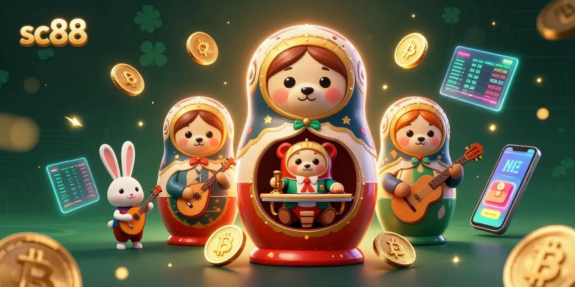 Experience winning at sc88 with a colorful casino-themed 3D illustration featuring adorable characters and crypto elements.