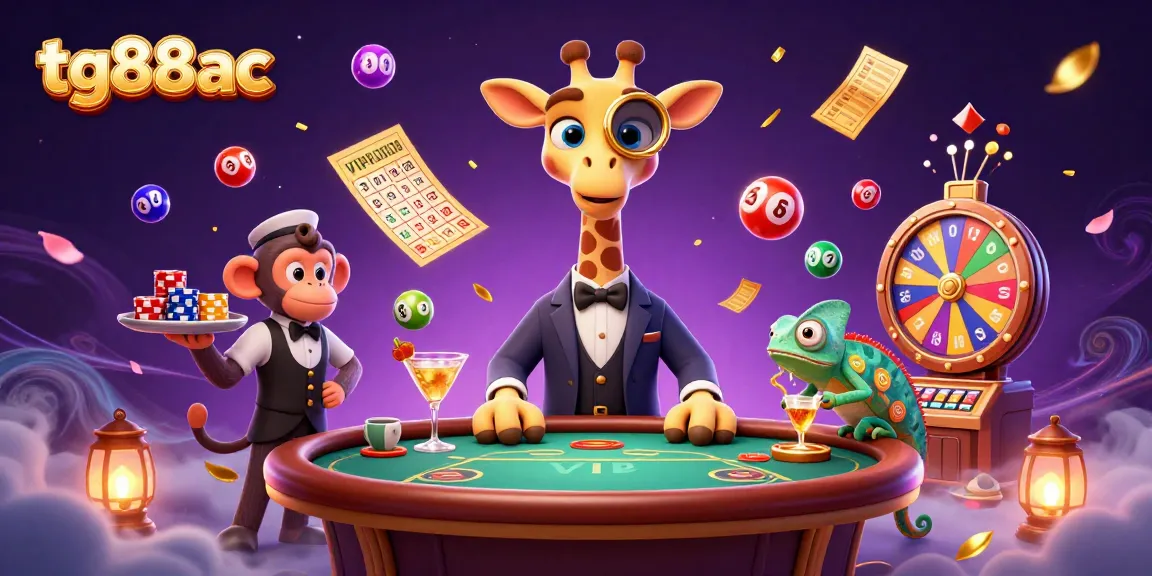 Engage in fun at tg88ac with a high-roller giraffe at a VIP poker table, surrounded by colorful game elements.
