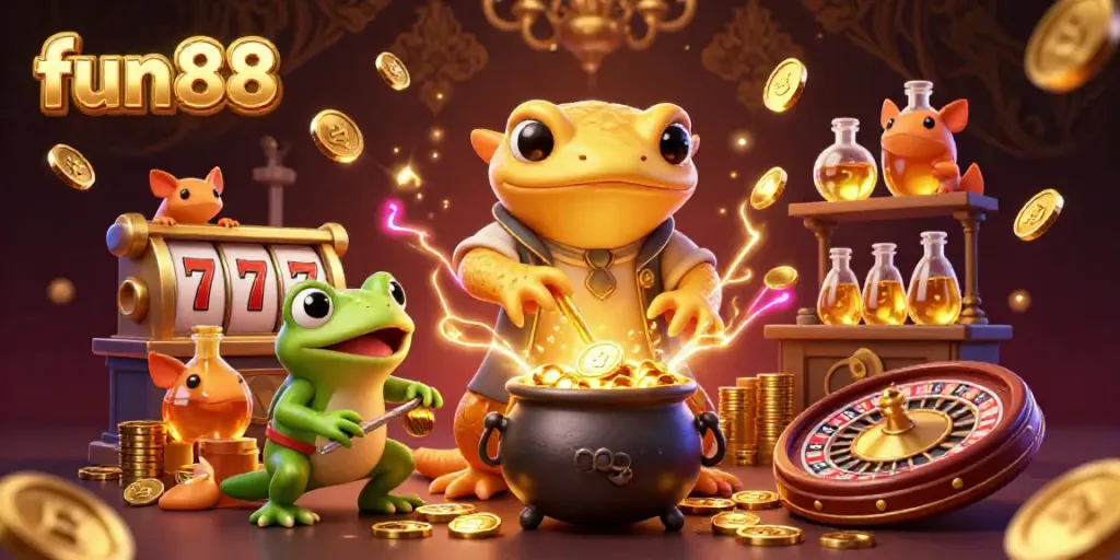 Experience the fun88 excitement with a rich 3D illustration featuring thrilling casino elements and characters.