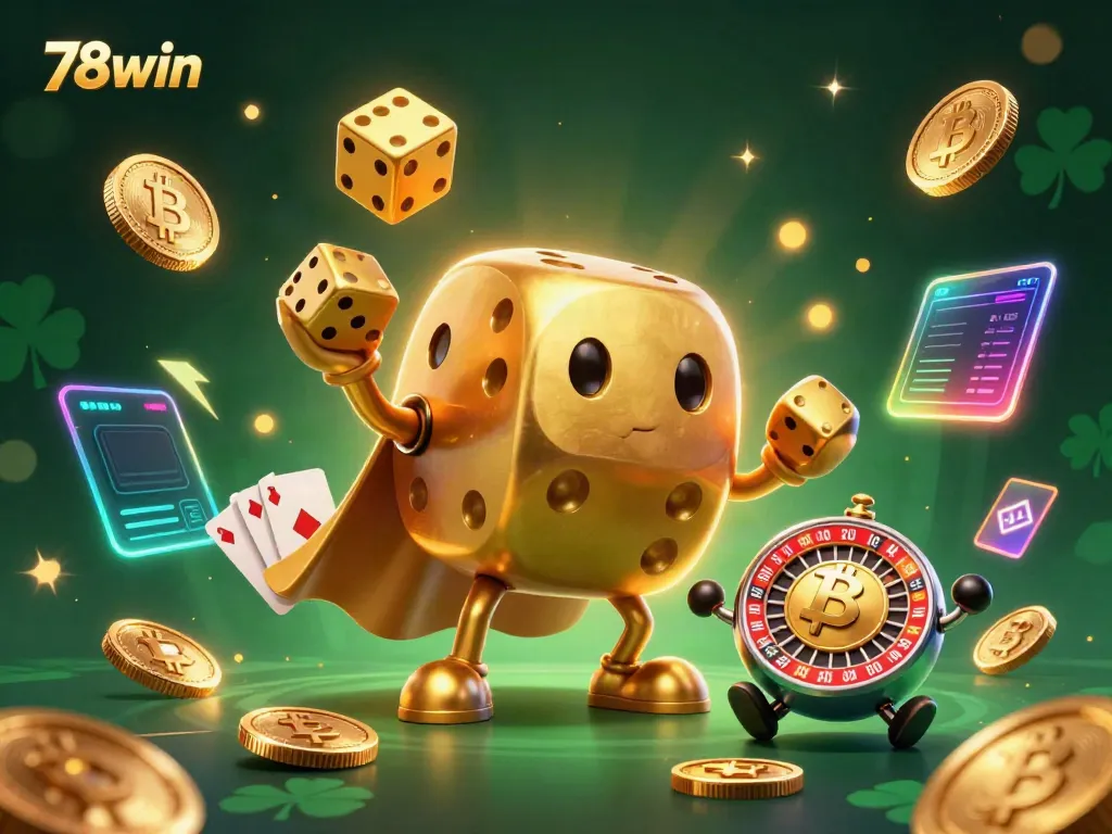 Experience the excitement of 78win with dynamic scenes featuring a golden dice golem juggling, amidst vibrant casino-themed graphics.