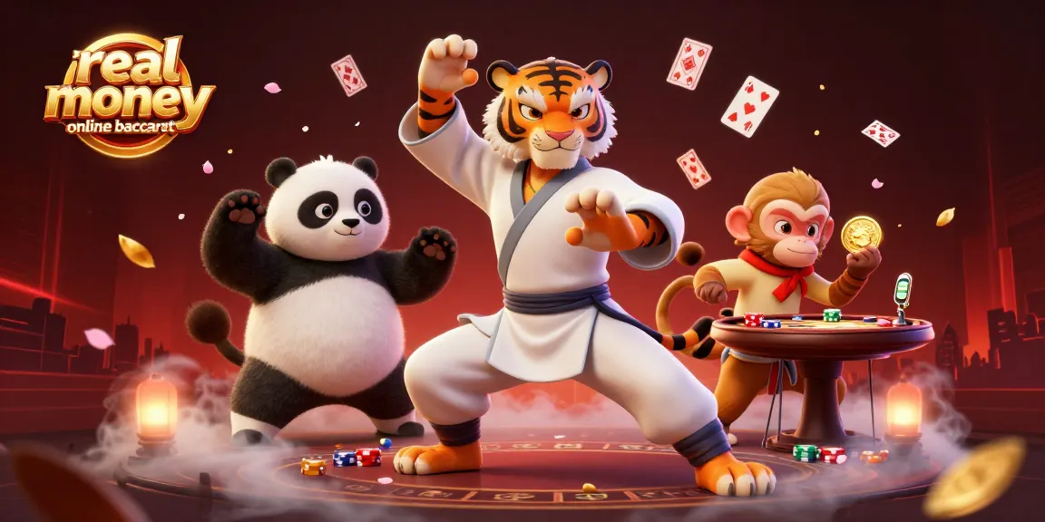 Play real money online baccarat with this colorful 3D illustration of casino-themed characters and elements.