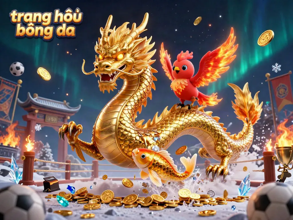 Engage with the thrilling action of trang chủ kết quả bóng đa, showcasing a majestic dragon, phoenix, and lucky koi amidst vibrant sports elements.