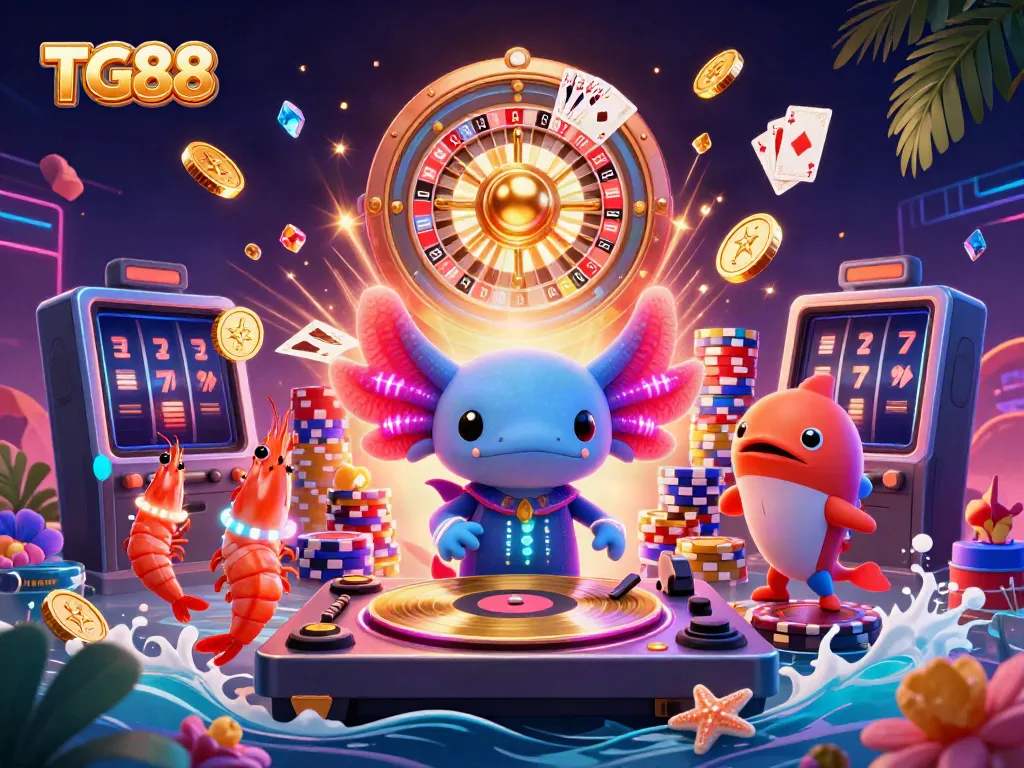 Engage in thrilling gameplay with TG88 at the vibrant underwater casino scene featuring a DJ and dynamic sea creatures.