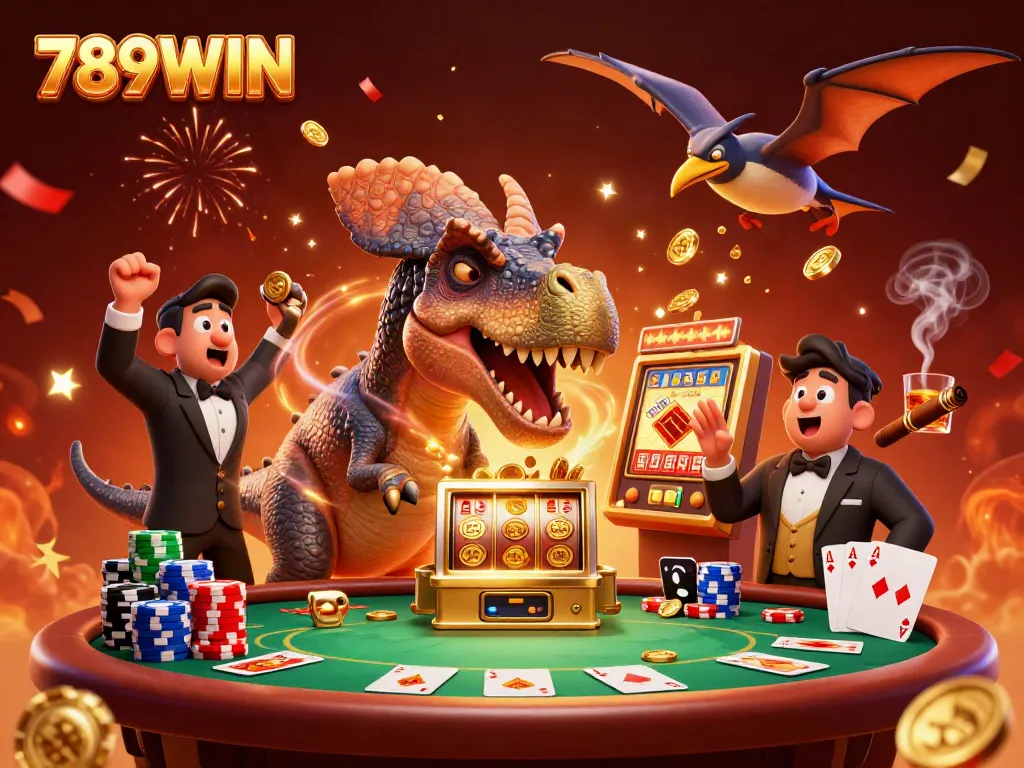 Catch a jackpot at 789WIN, featuring a pachycephalosaurus and a panicked manager, surrounded by casino elements.