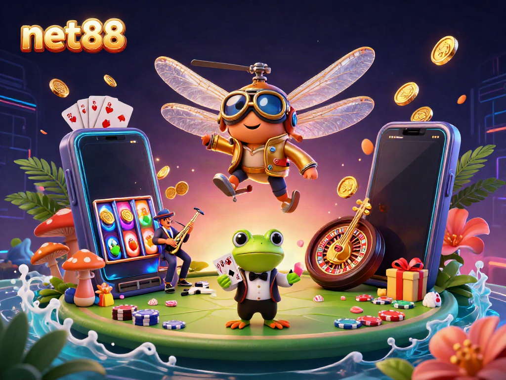 Experience thrilling gameplay with net88's lively dragonfly pilot and frog croupier in a colorful casino scene.