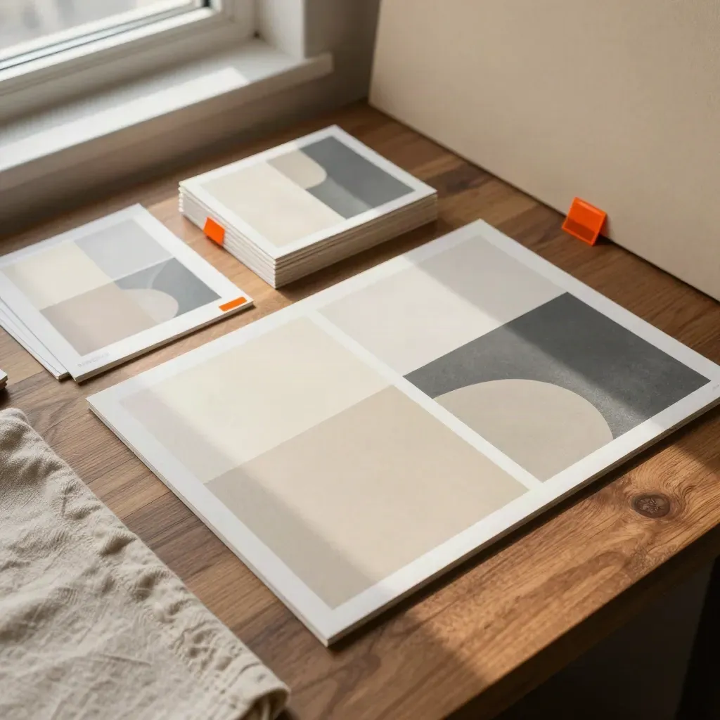 Overhead flatlay of printed social content tiles and carousel cards on a warm walnut desk.