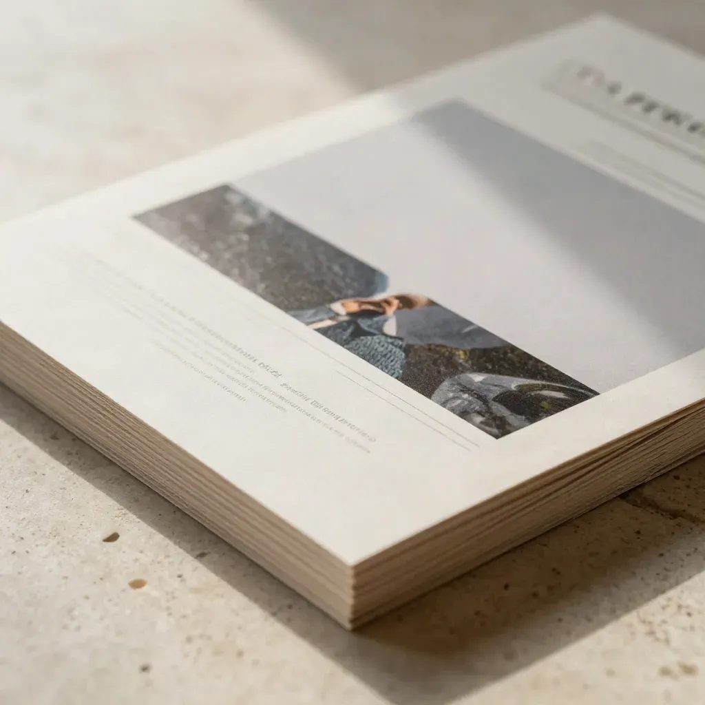 Macro of landing-page mockups, a mailer stack, and a hero print on travertine.