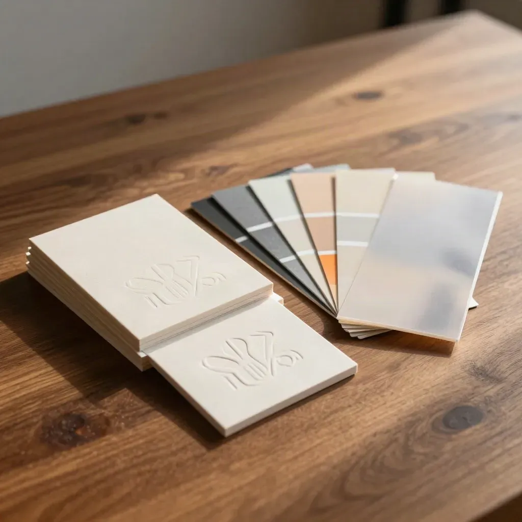 Warm brand identity kit on walnut wood with embossing tiles, swatches, and vellum sleeve.