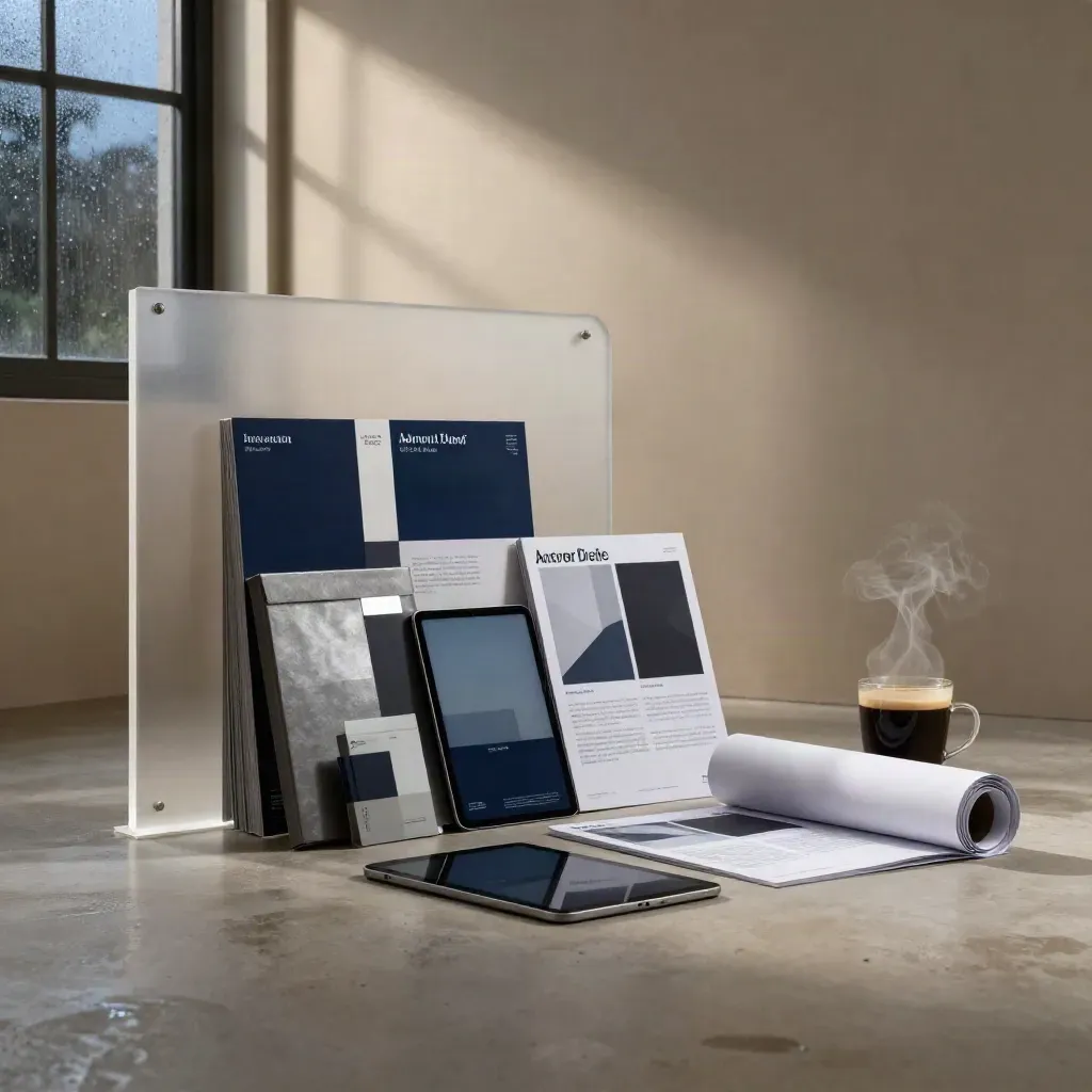 Creative studio launch kit on plaster with acrylic monolith, identity boards, tablet and rolled proof.