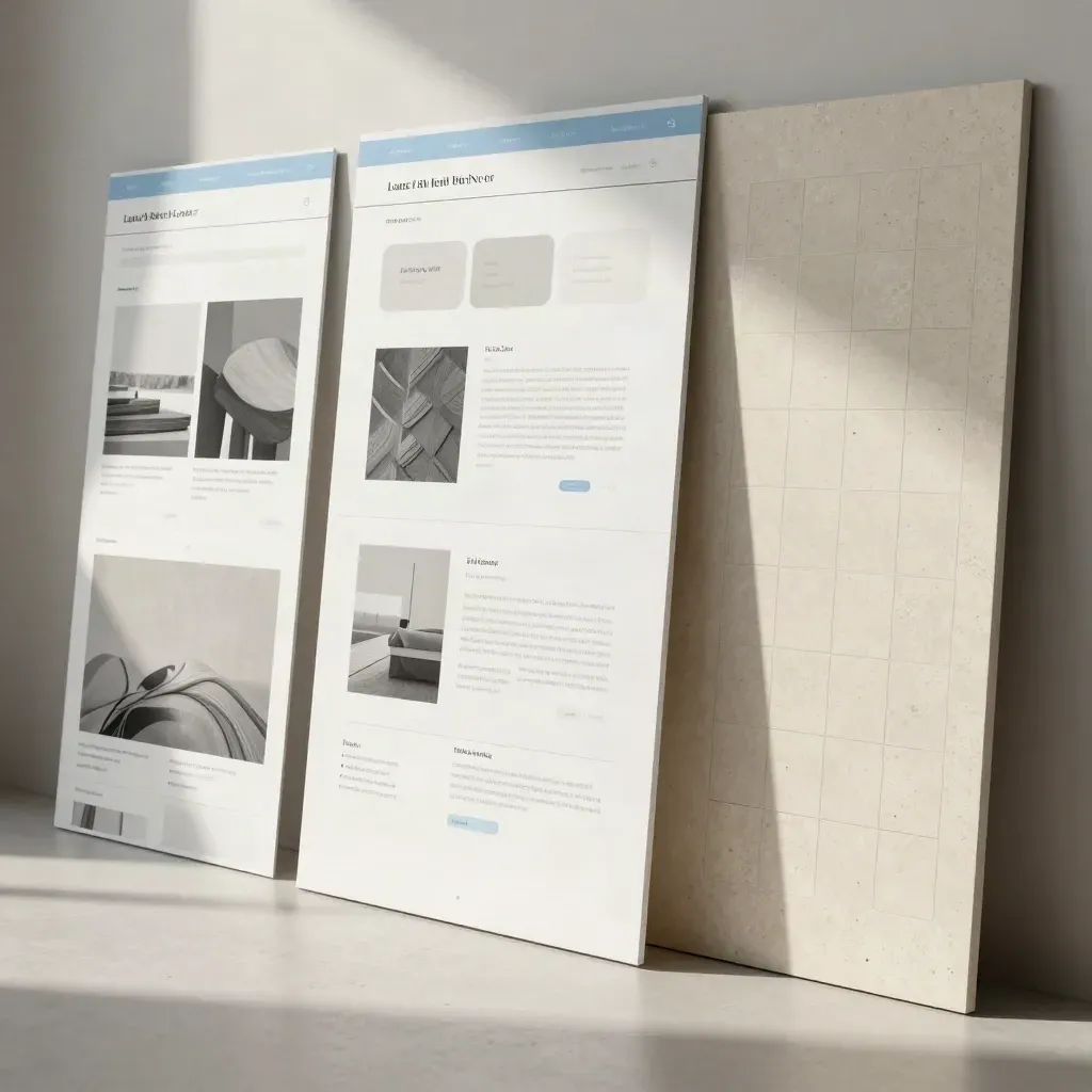 Abstract website design boards with a tall mobile mockup and sky-blue accents on pale stone.