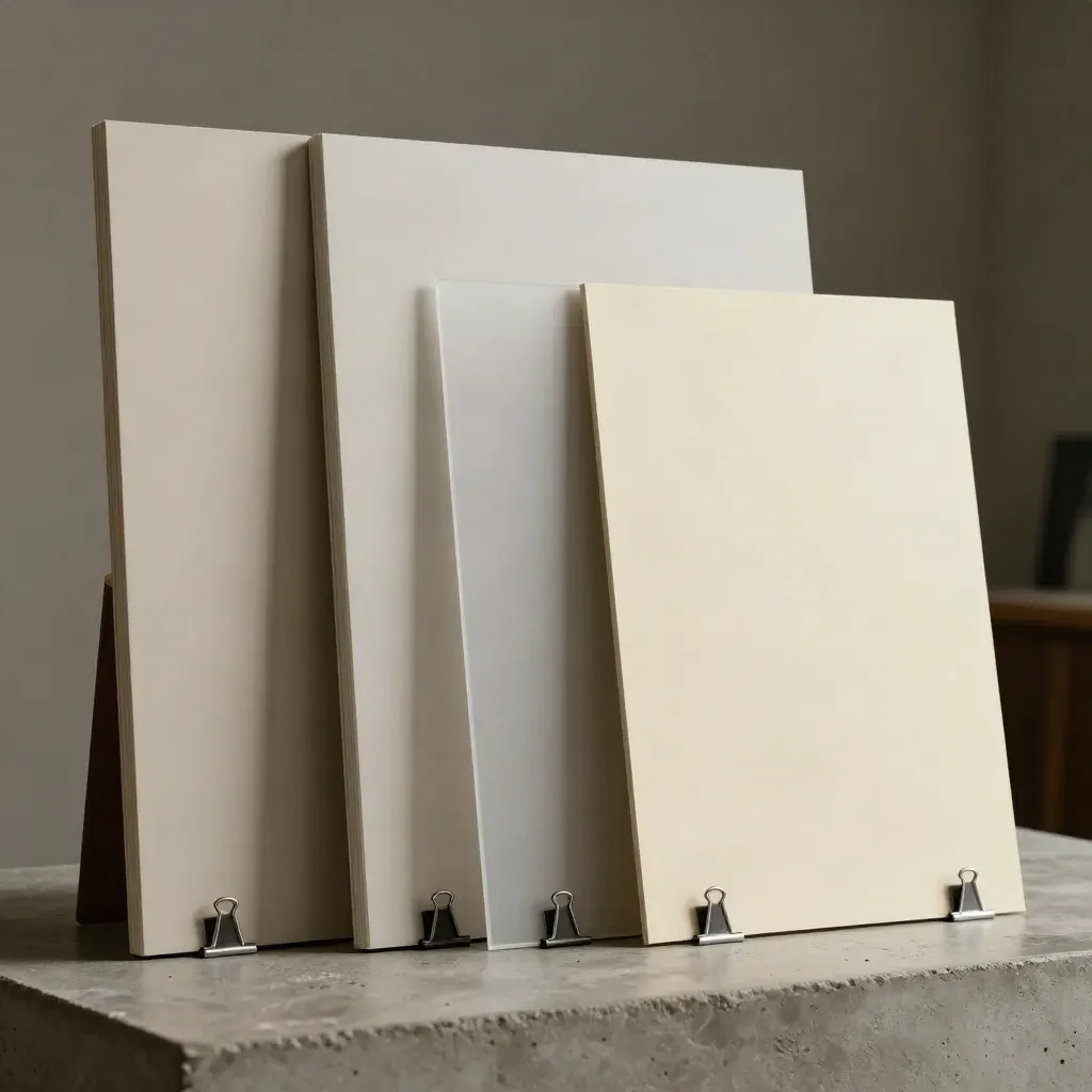 Moody studio scene of ad-format boards, translucent sheet and paper sample lit with a hard rim.