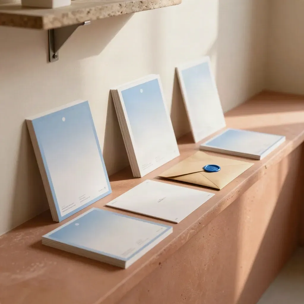 Launch campaign mockups, ad boards, and a sealed envelope on warm stone in window light.
