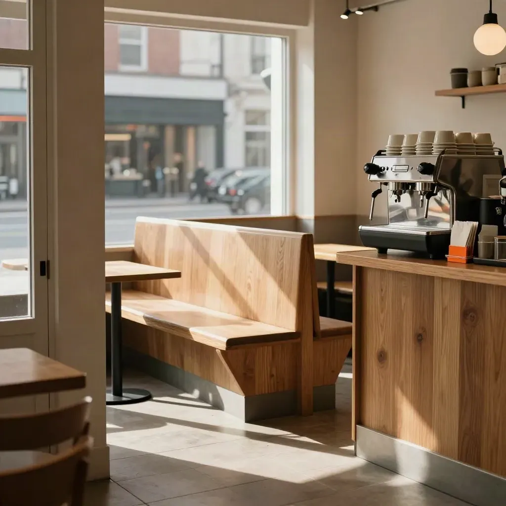 Empty Toronto café interior with wood banquettes, espresso machine, cups, and takeaway sleeves