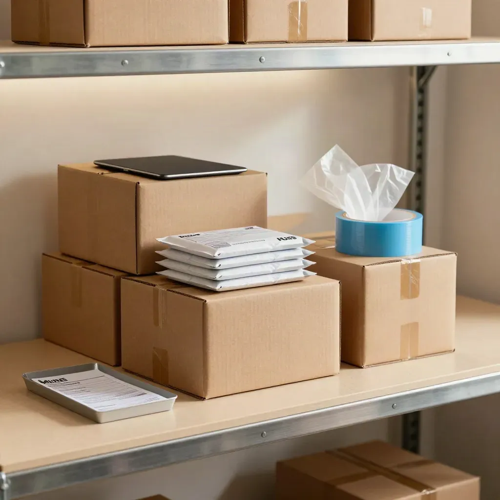 Launch-ready boxes, mailers, and a face-down tablet on a studio workbench.