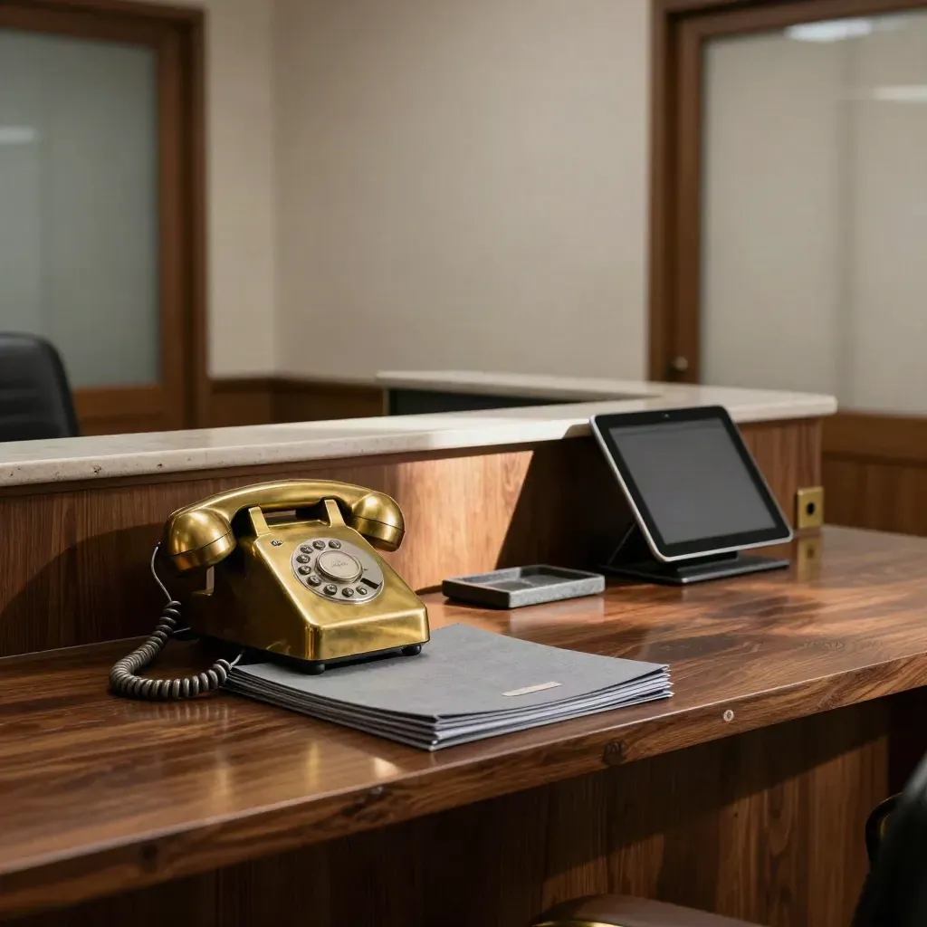 Brass phone and walnut law office reception with folders and angled tablet