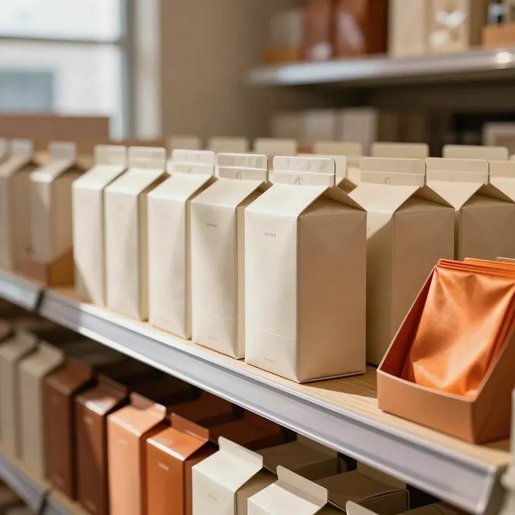Retail shelf endcap with matching cartons, tissue and postcard stacks in warm daylight.