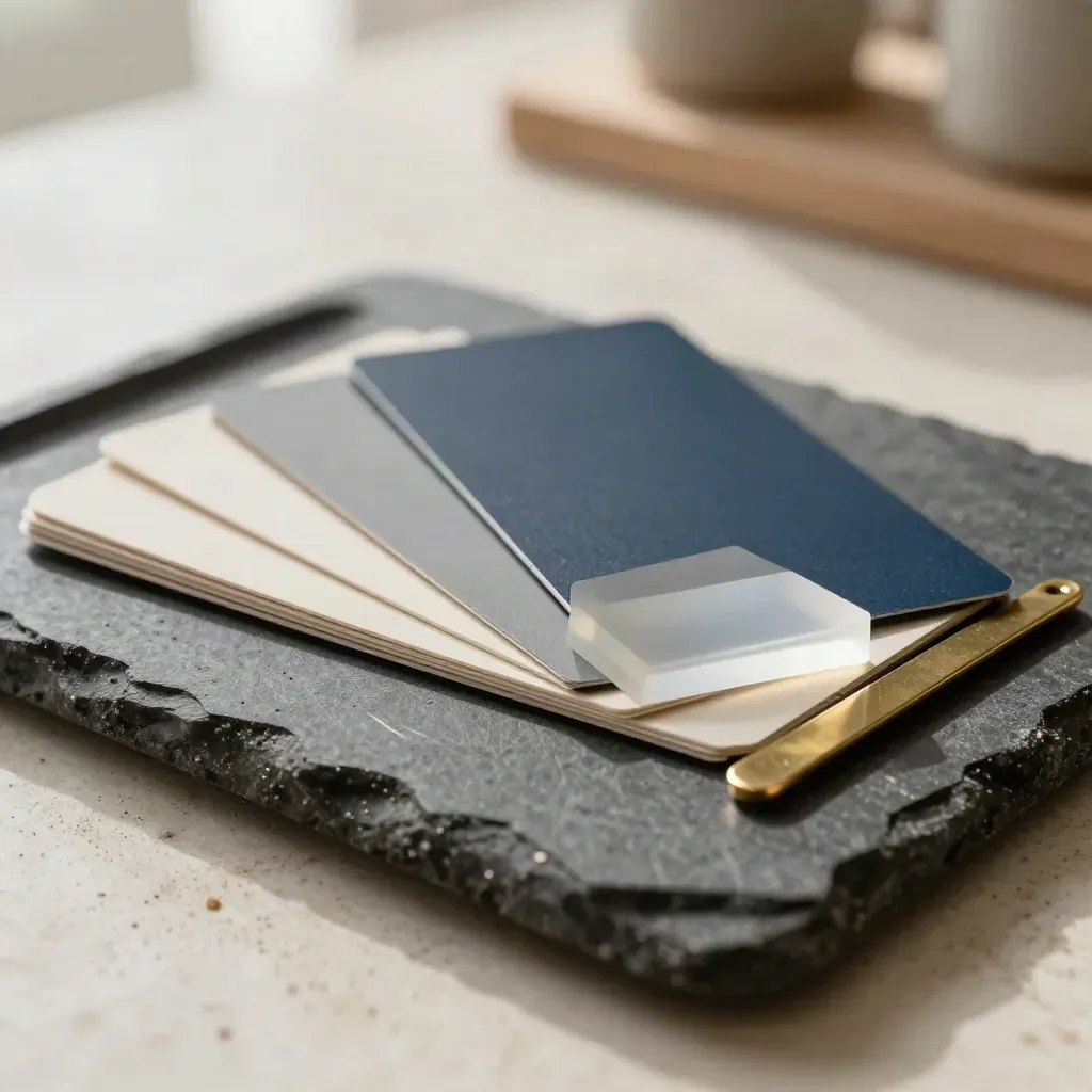 Macro still life of color chips, stone tray, brass tool and frosted acrylic block on travertine.