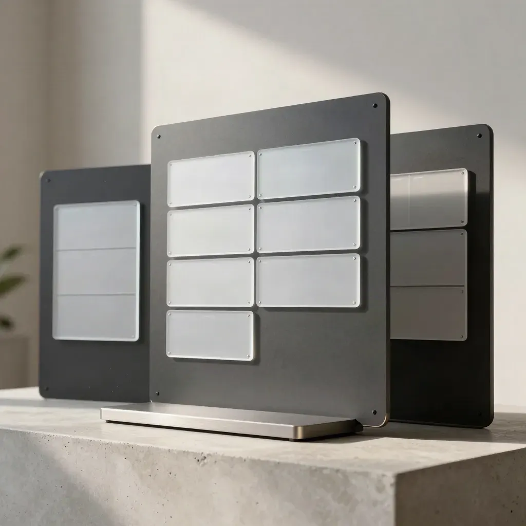 SaaS boards and prototype pedestal settling into a sharper layout on pale concrete, lit by crisp daylight.