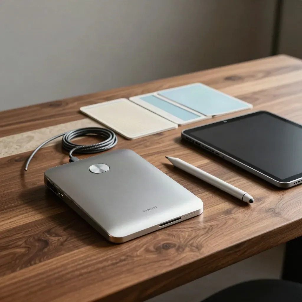 Web designer tools on a walnut surface: aluminum trackpad, stylus, cable loop, and grid cards.