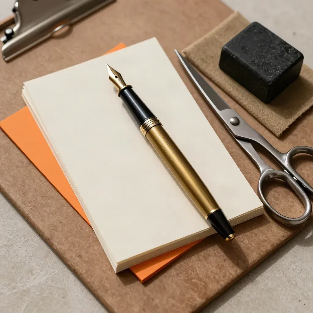 Top-down still life of a fountain pen, blank cards, scissors, and paperweight on a writing board.