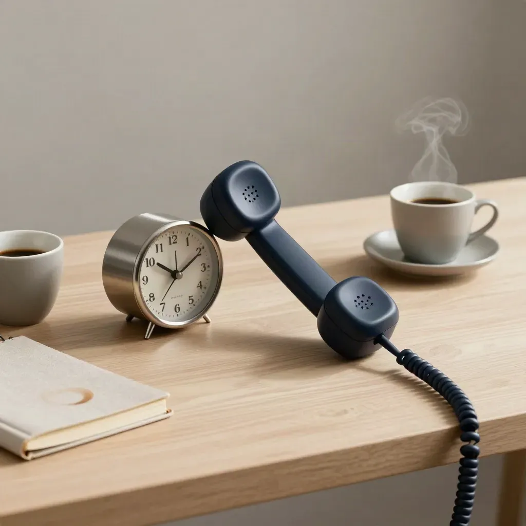 Matte navy handset beside clock, espresso cups and notebook on pale wood