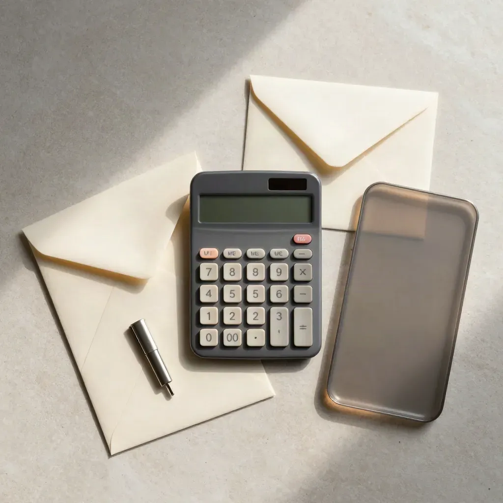 Top-down flatlay of envelopes, calculator, clip and tray on pale stone in warm side light.