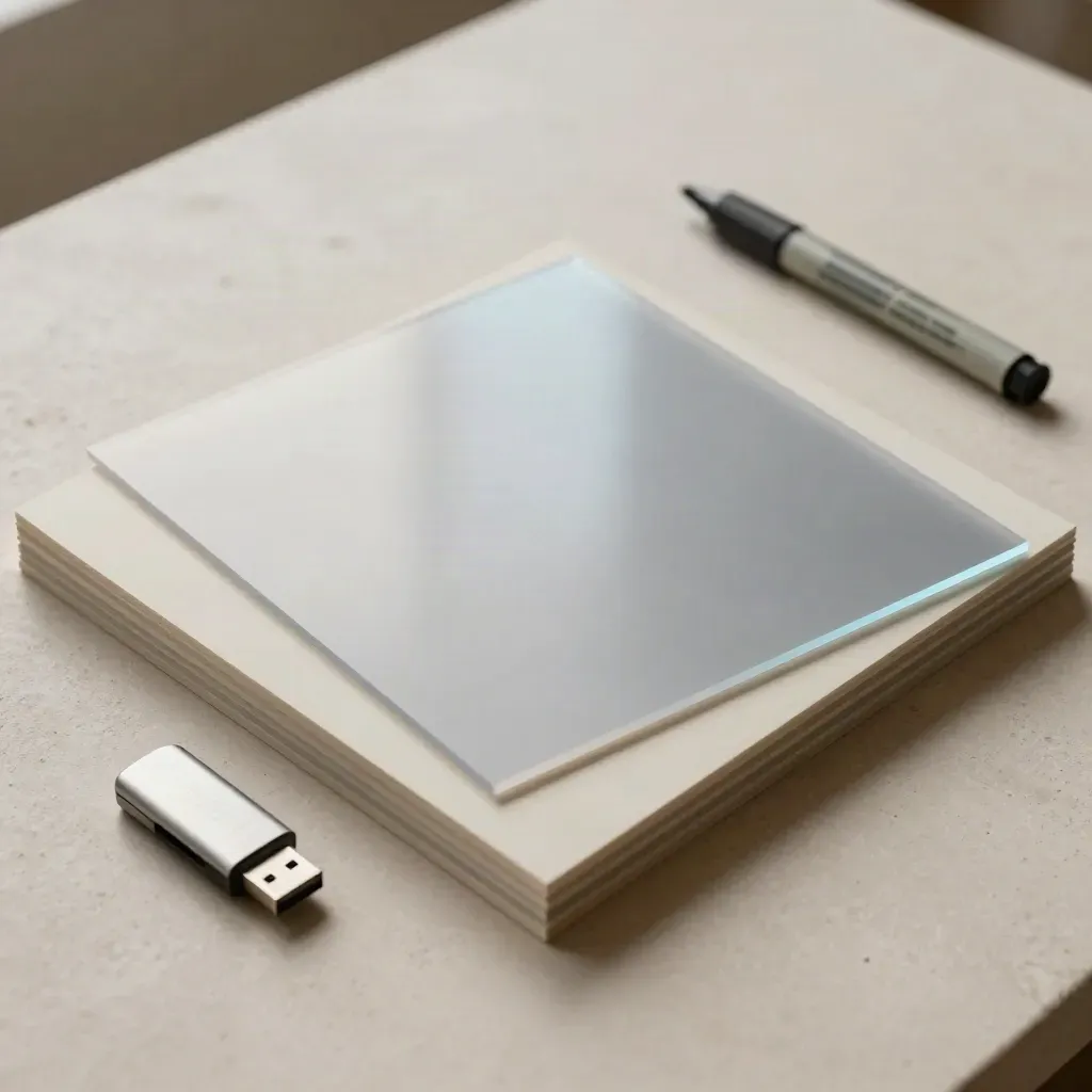 Acetate mockup sheets, marker, USB drive, and layout board on a plaster surface.