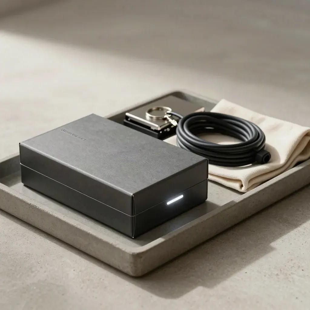 Launch kit box with drives, cable coil, status light and folded cloth on a stone tray.