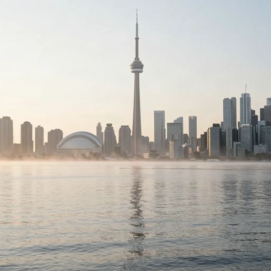 Toronto skyline at dawn above calm lake mist and pale water