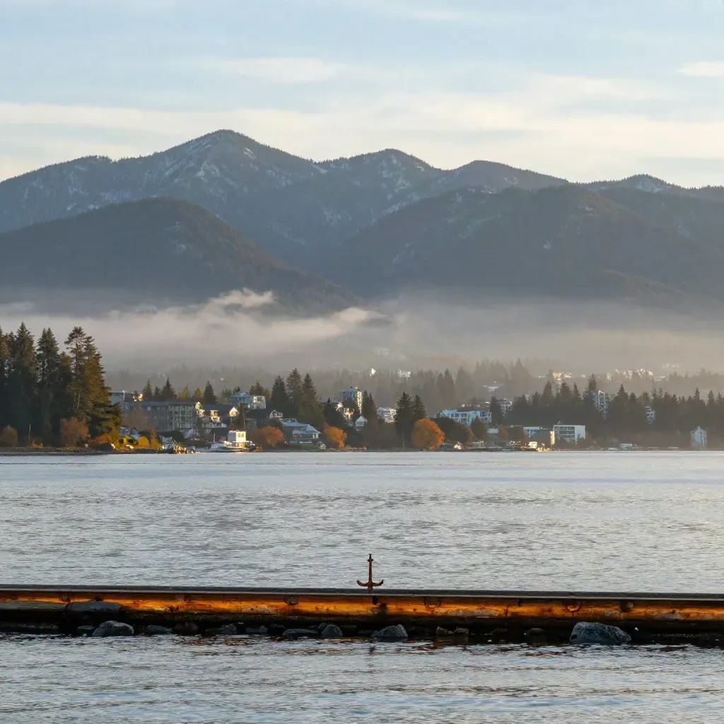 North Shore mountains and foggy Vancouver harbor above calm water at golden hour