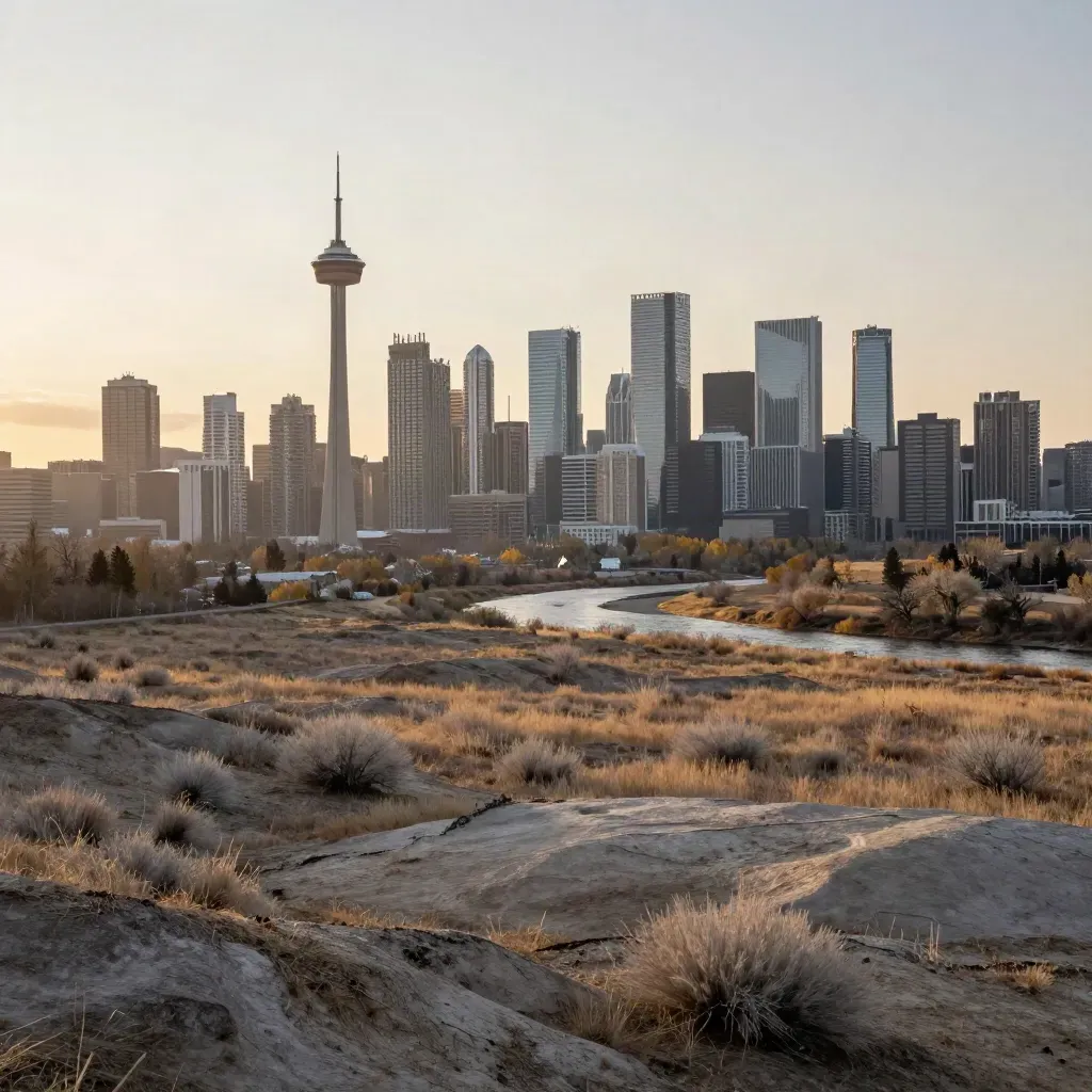 Calgary skyline above a hazy prairie and river valley at dawn