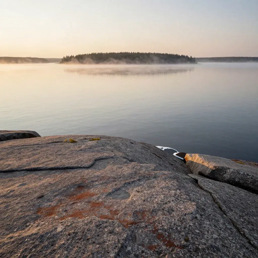 Weathered granite shore above pale water and hazy boreal trees at sunset.