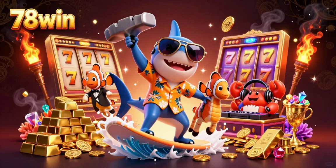 Engage with 78win in this vibrant 3D scene featuring a shark amidst gold coins and slot game elements.