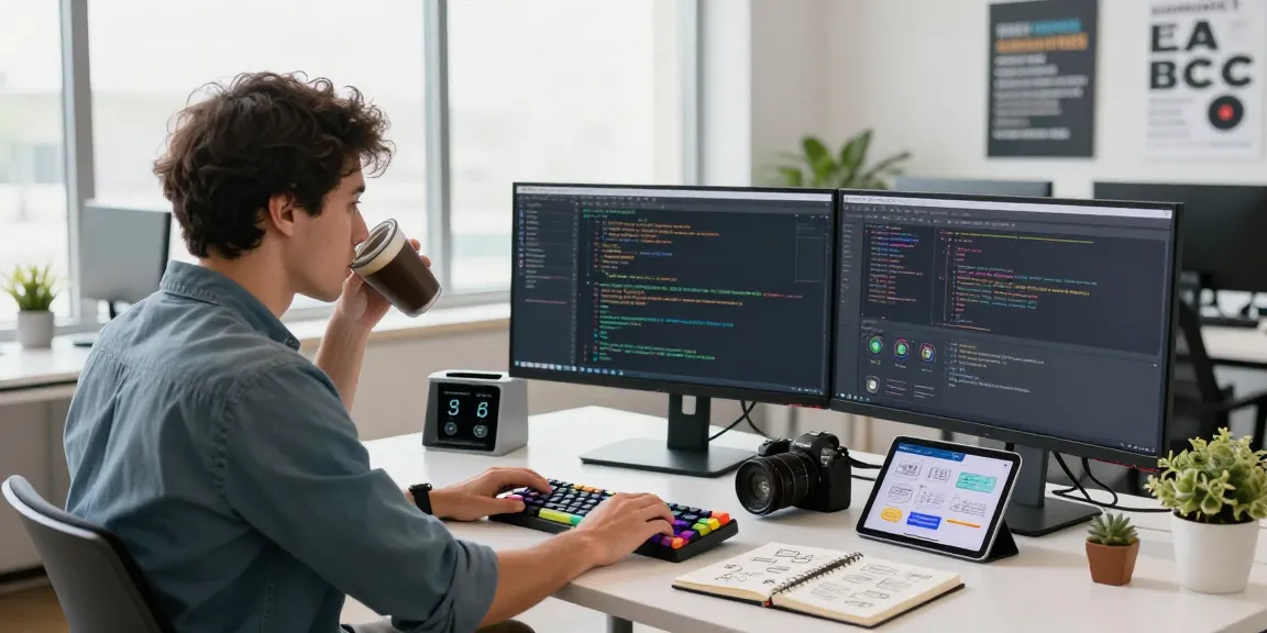 WPS Download workspace with a developer coding at multiple monitors in a bright office.