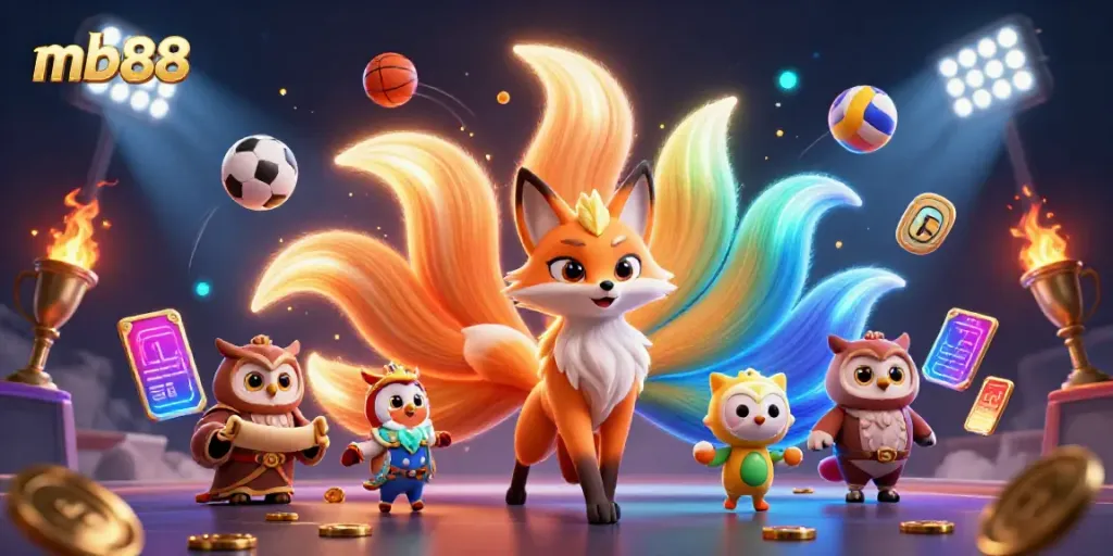 Bet on mb88 with a vibrant illustration showcasing a nine-tailed fox, wise owl sage, and dynamic sports elements in a casino atmosphere.