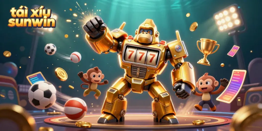 Experience the excitement of tài xỉu sunwin with a golden mech surrounded by dynamic sports elements.