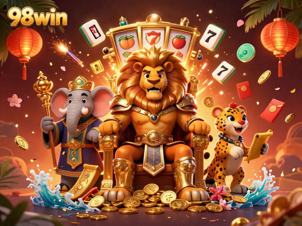 Experience the thrill of 98win casino games with a vibrant 3D illustration of characters and symbols.