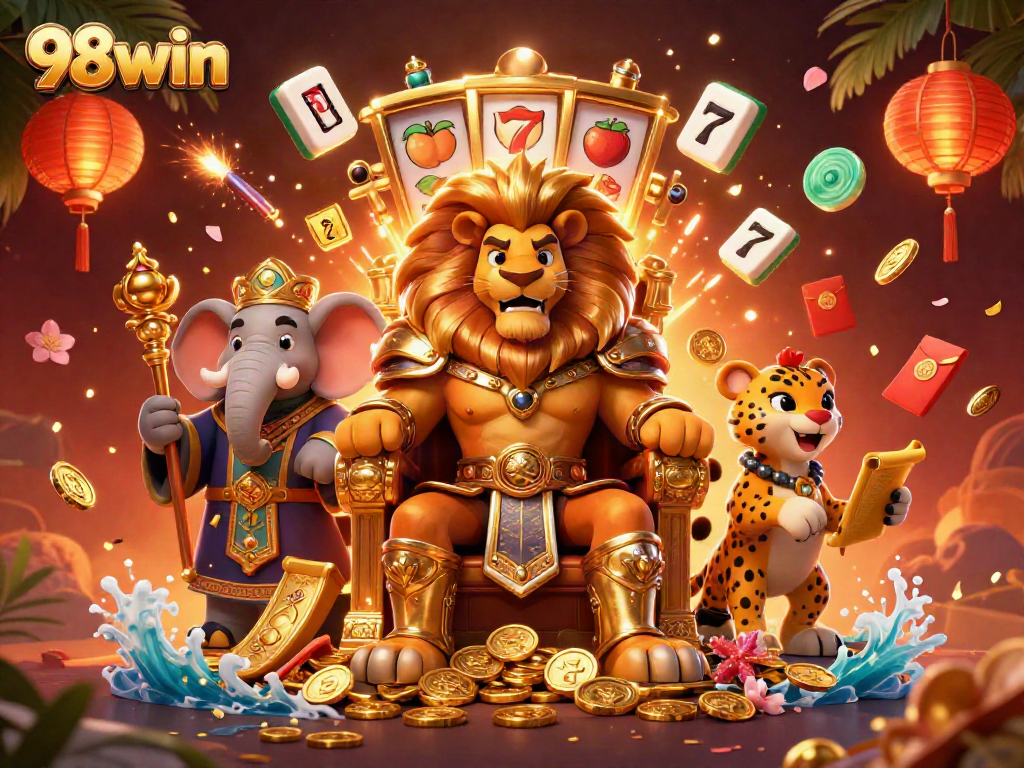 Experience the thrill of 98win casino games with a vibrant 3D illustration of characters and symbols.