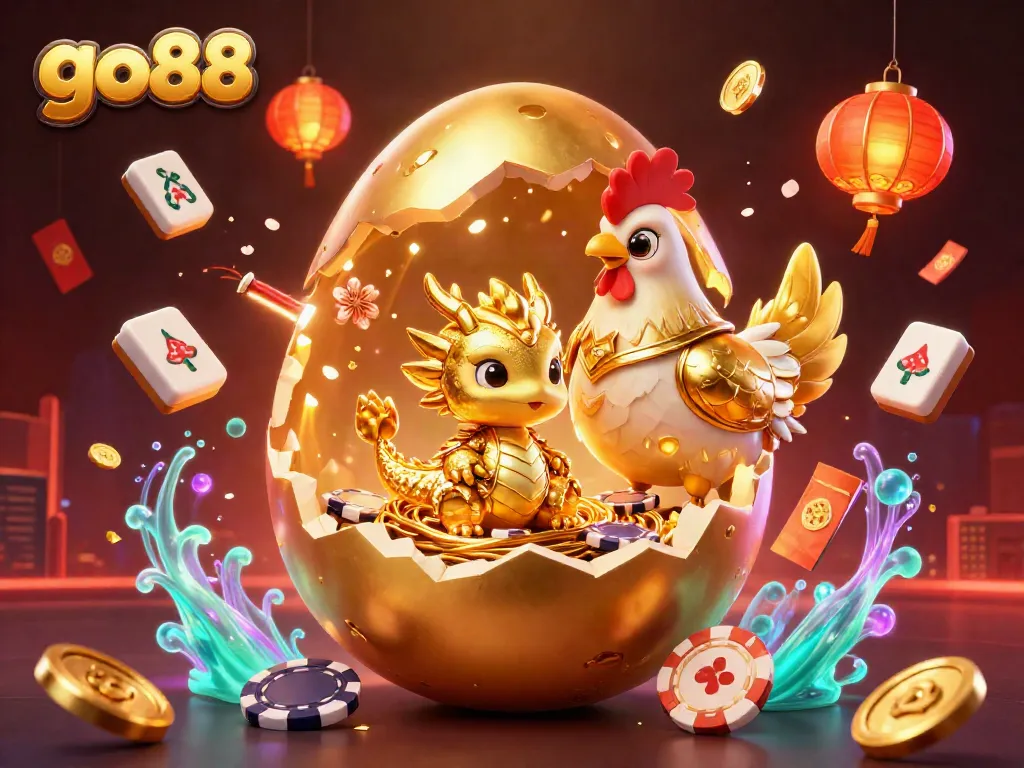 Go88 features a golden dragon and nest of poker chips with vibrant casino decorations.