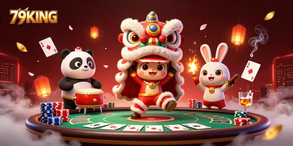 Engage in thrilling poker action at 79KING with a festive casino-themed illustration.