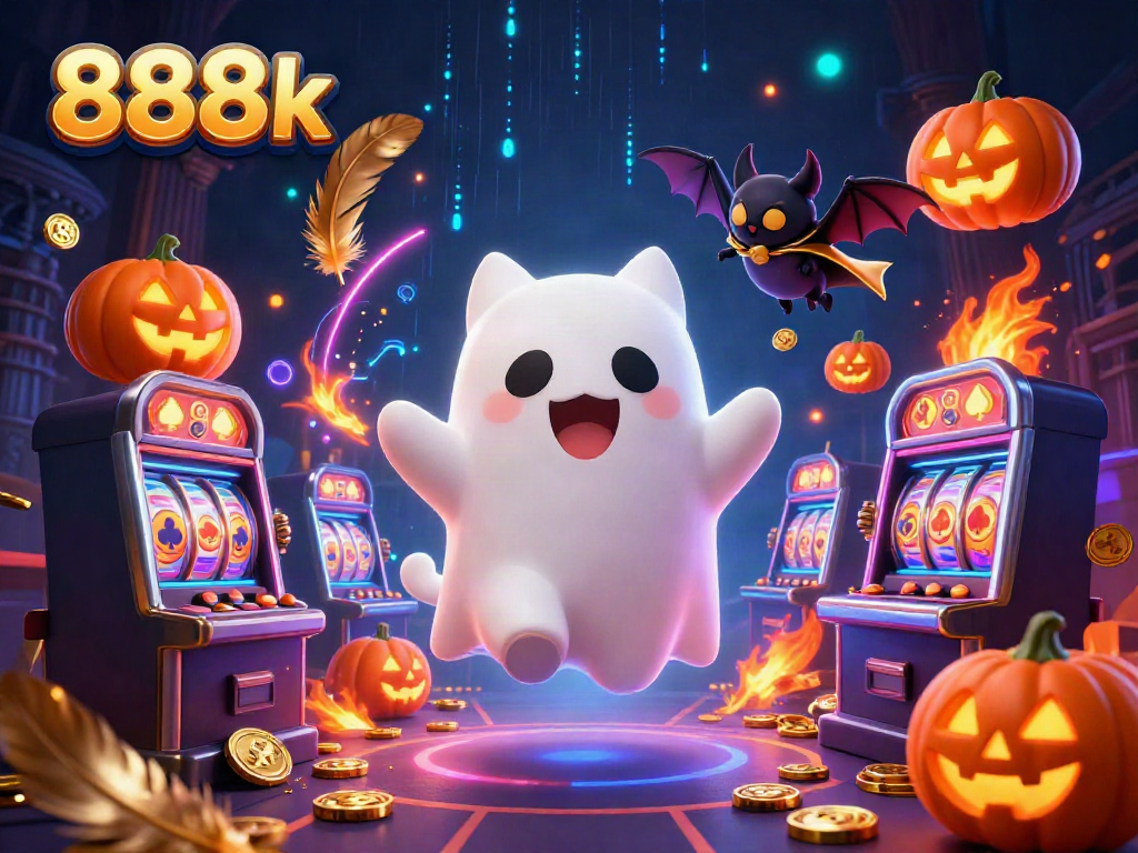 Experience thrilling gameplay with the friendly ghost cat and 888k in a haunted casino atmosphere.