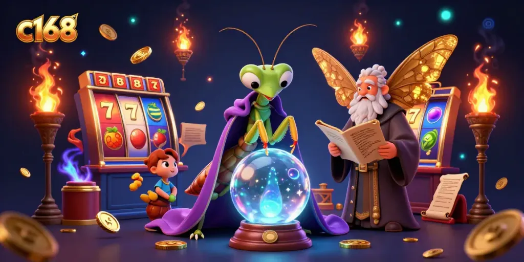 Enjoy thrilling casino gaming with c168's mystical ambience, vibrant slots, and fortune-telling characters.