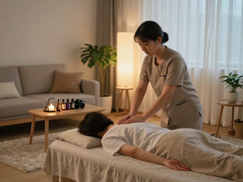 Professional Korean therapist providing 성남출장안마 service in a cozy home setting.