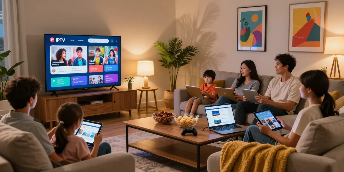Enjoying IPTV Subscription in a cozy family living room with streaming setup
