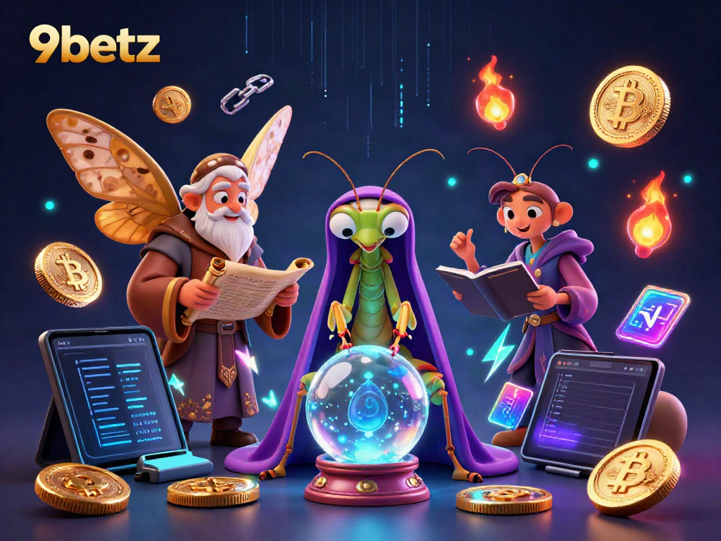 Engage with 9betz in a vivid casino world featuring fortune tellers and glowing crypto coins.